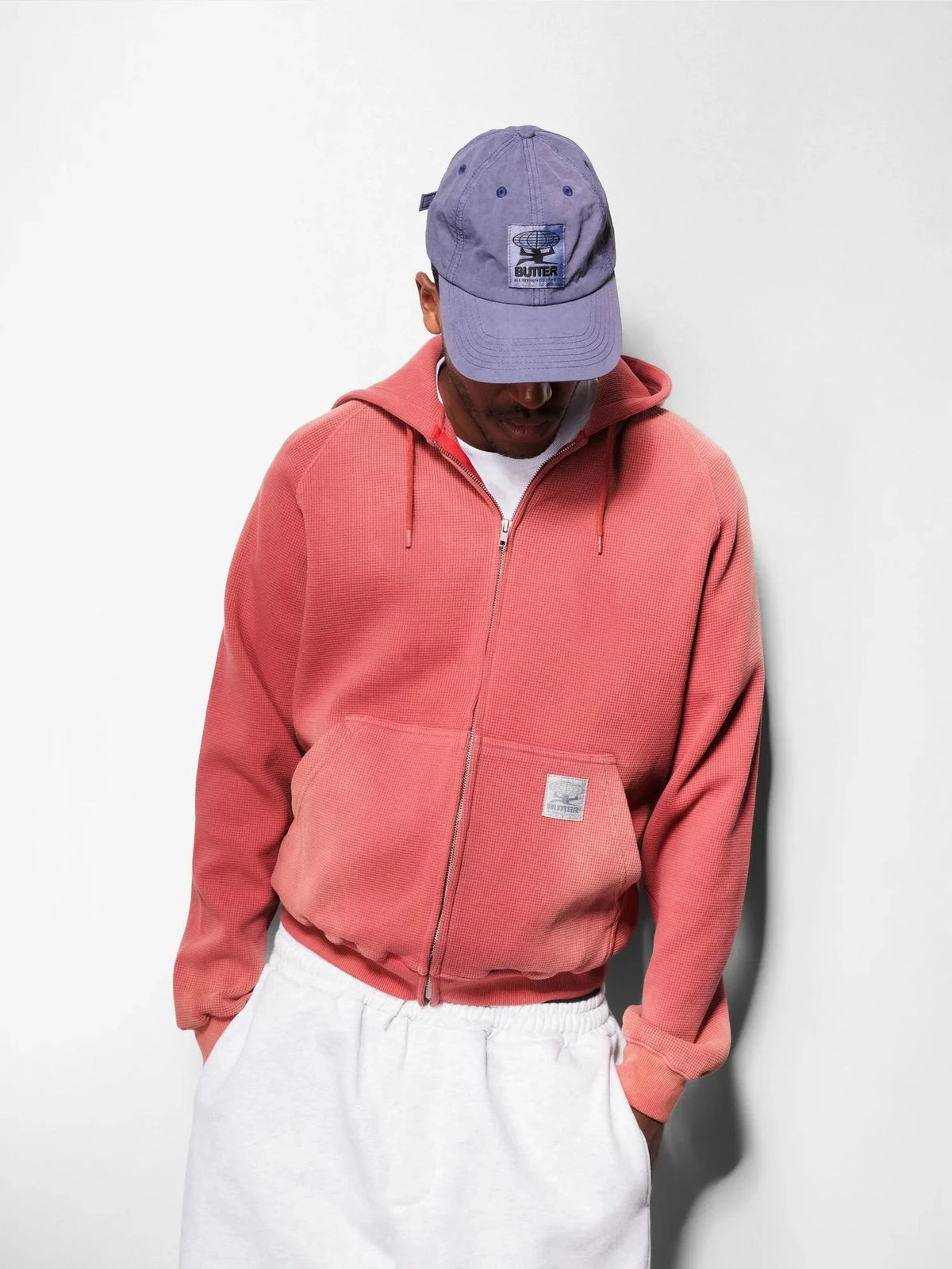 Butter Goods Faded Waffle Zip Thru Hood Washed Red hoodies Butter Goods 