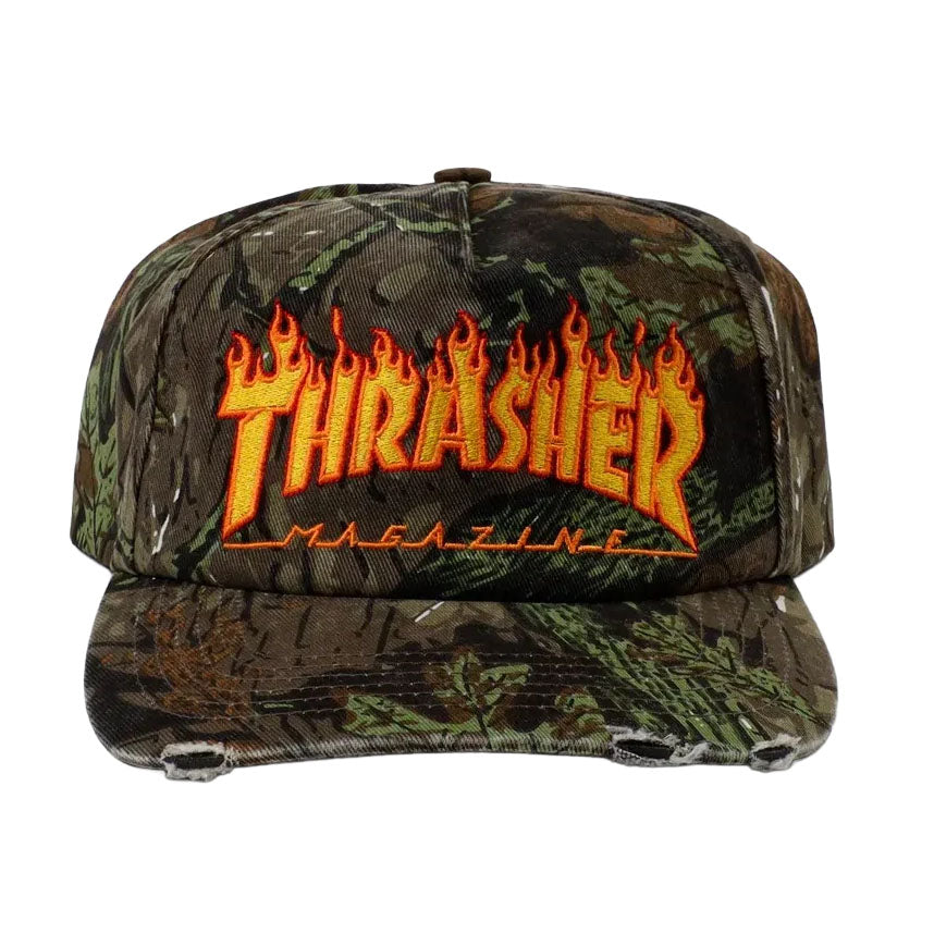 Thrasher Flame Distressed Snapback Hat Camo