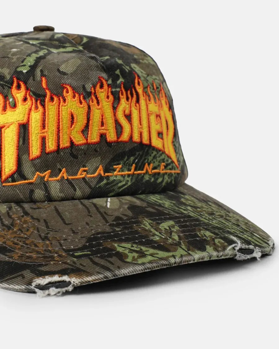 Thrasher Flame Distressed Snapback Hat Camo