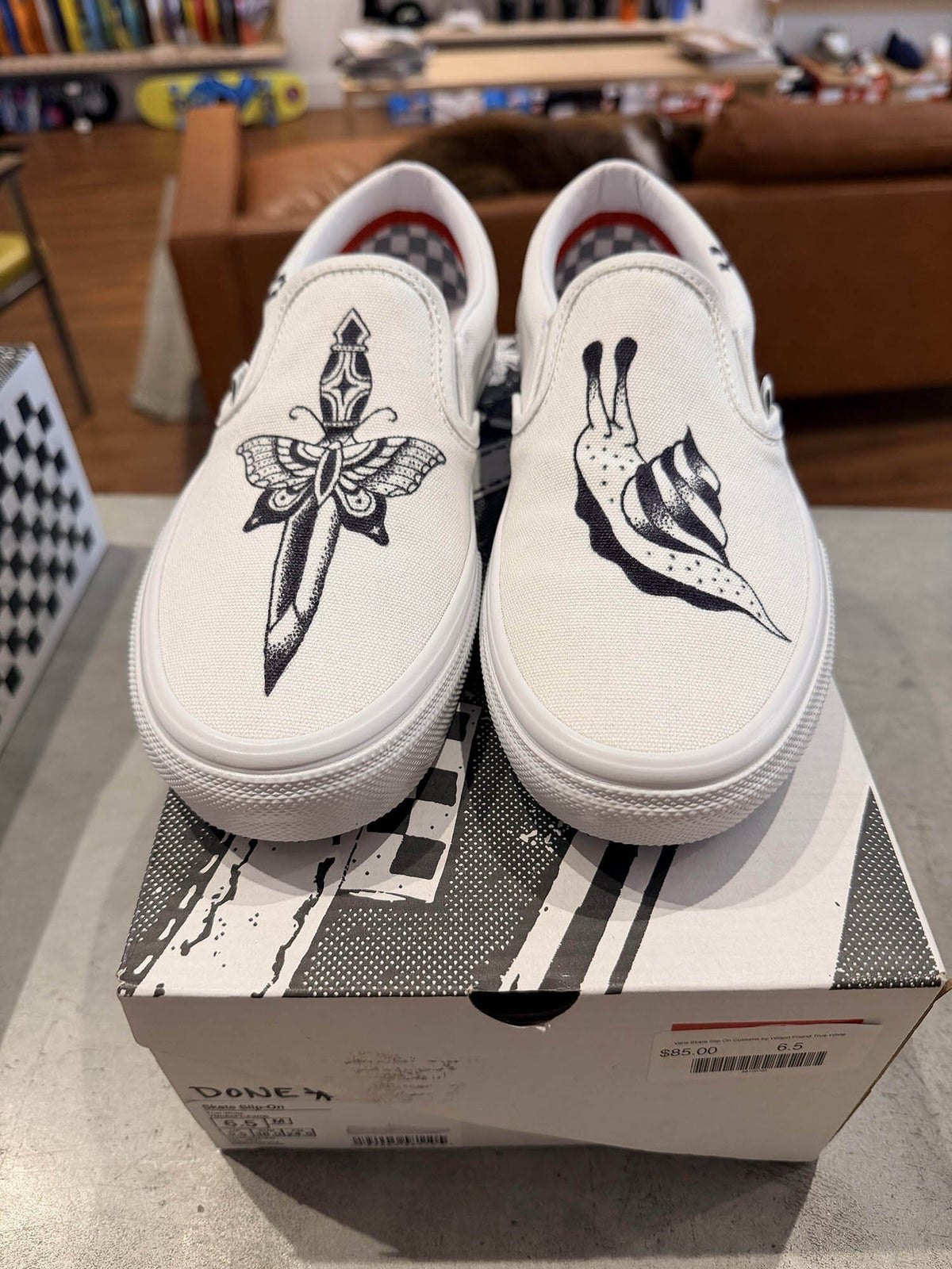 Vans Skate Slip On Customs by Wilson Friend True White footwear Vans 6.5 